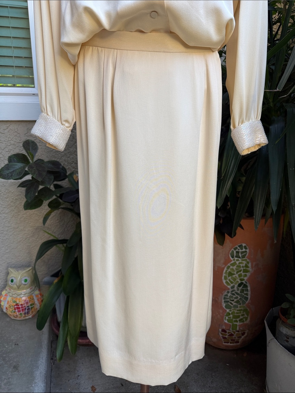Vintage Cream Maxi Silk Skirt with Smooth Waistband and Slit in the Back